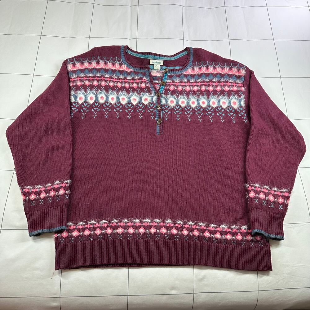 Sundance Sweater Womens Large Burgundy Innis Fair Isle Wool Blend Henley Boho